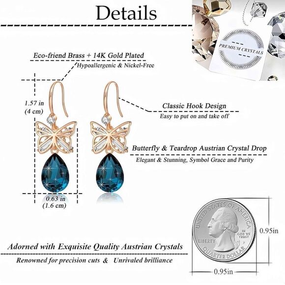 14K Rose Gold and London Blue Topaz Austrian Crystal Butterfly Teardrop Earrings - Picture 5 of 5